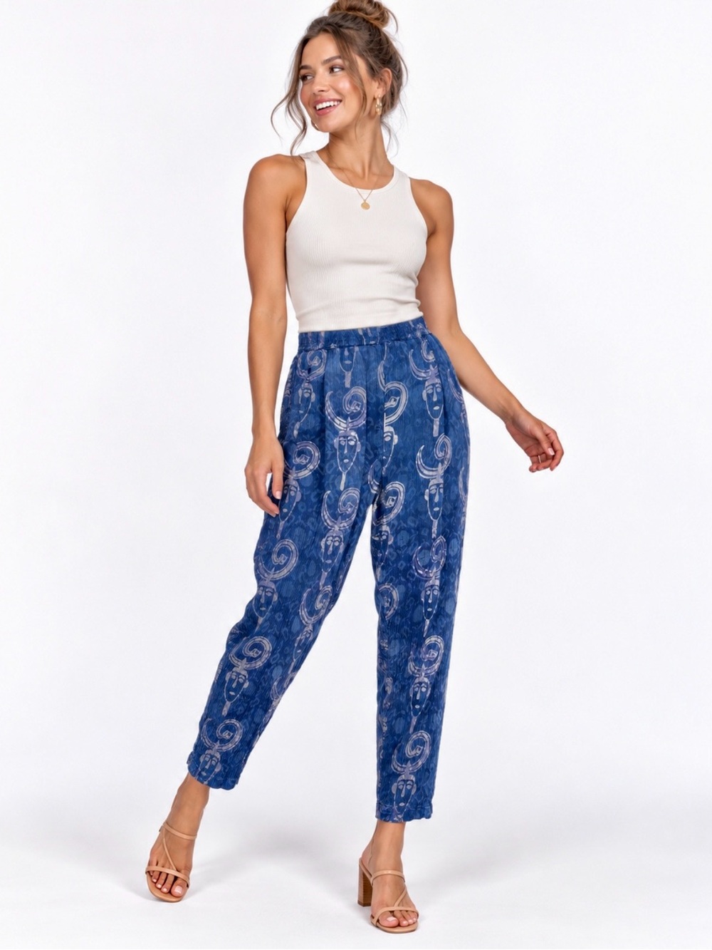 Vintage Kusadi New York Blue Tribal Mask Rayon Boho Indie Pants 13x28